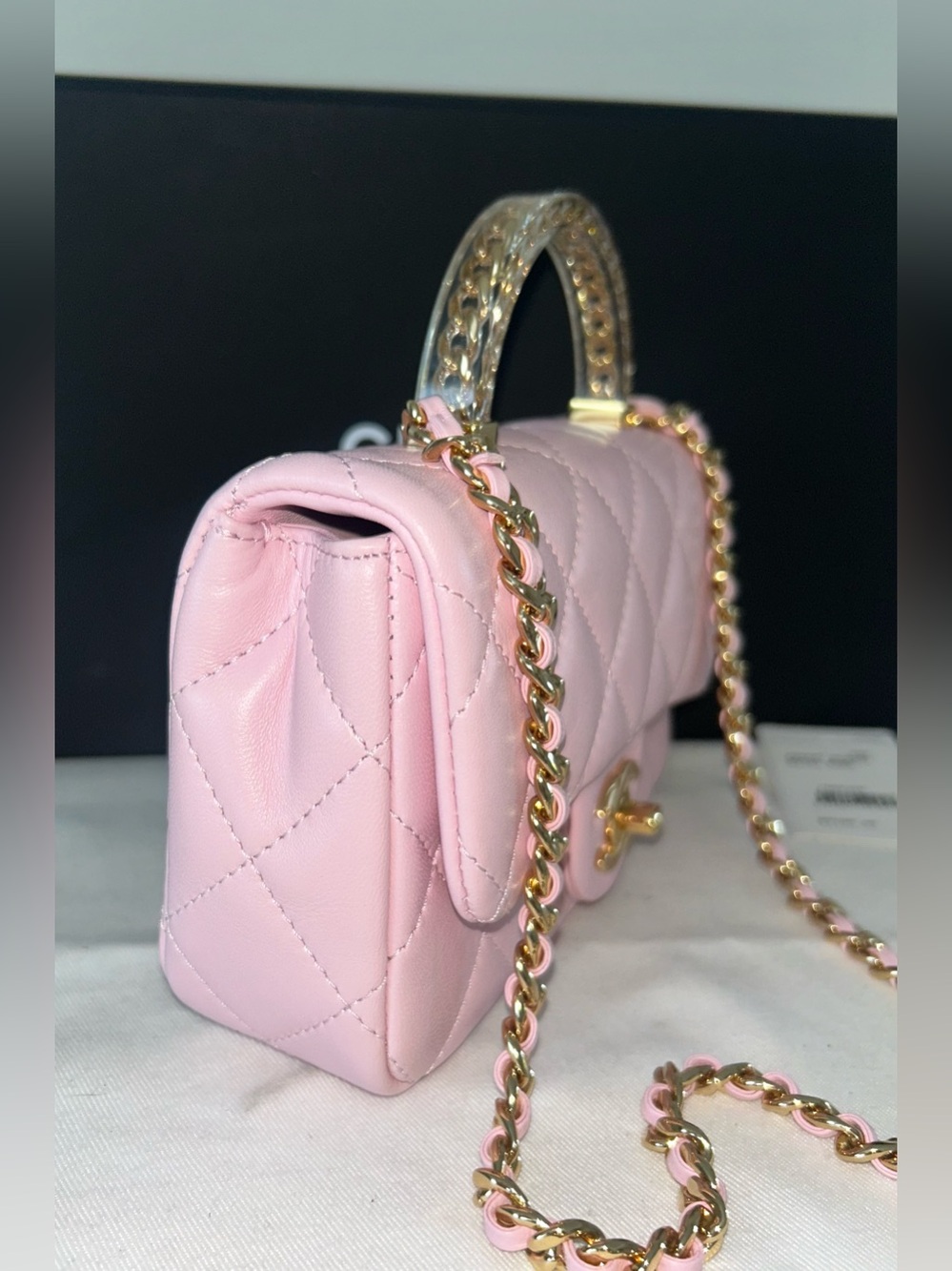 NEW! CHANEL 24S Mini Top Handle Flap Bag Quilted Lambskin Rose Light Pink - Picture 7 of 16